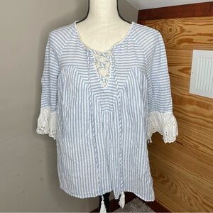 Soieblu Blue White Stripe Lace Up Tassel Eyelet Sleeve Top Blouse Small